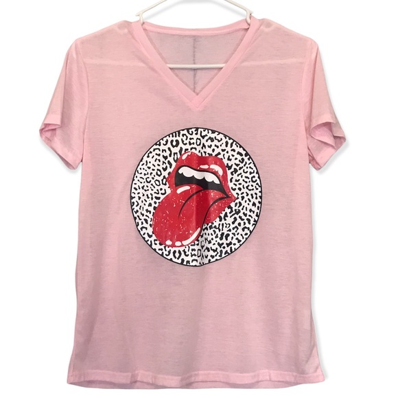 Light Pink Leopard Lips Mouth Short Sleeve Top - Picture 1 of 7